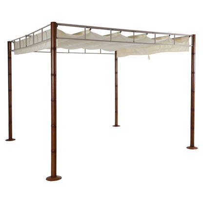 Pergola MCW-L42, tuinpaviljoen terrasoverkapping, stevig 7cm metalen frame 3x3m bamboe look ~ crème-wit