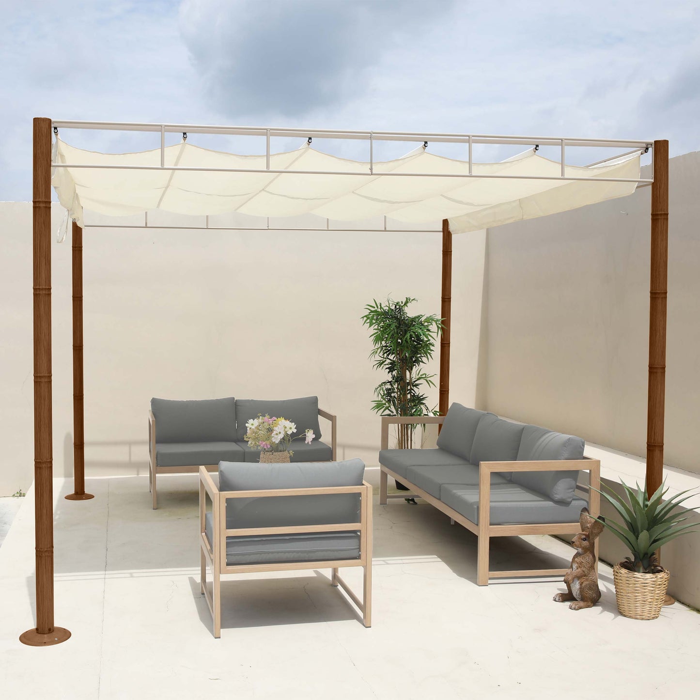 Pergola MCW-L42, tuinpaviljoen terrasoverkapping, stevig 7cm metalen frame 3x3m bamboe look ~ crème-wit