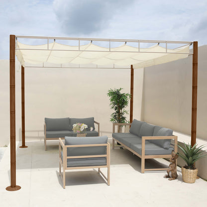 Pergola MCW-L42, tuinpaviljoen terrasoverkapping, stevig 7cm metalen frame 3x3m bamboe look ~ crème-wit