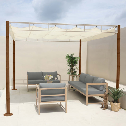 Pergola MCW-L42, tuinpaviljoen terrasoverkapping, stevig 7cm metalen frame 3x3m bamboe look ~ crème-wit