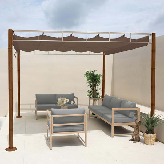 Pergola MCW-L42, tuinpaviljoen terrasoverkapping, stevig 7cm metalen frame 3x3m bamboe look ~ taupe-bruin