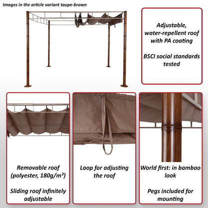 Pergola MCW-L42, tuinpaviljoen terrasoverkapping, stevig 7cm metalen frame 3x3m bamboe look ~ crème-wit