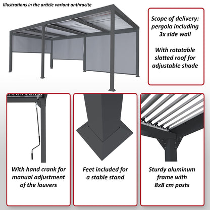Aluminium pergola MCW-L41 met 3x zijwand, lamellenpaviljoen, stevig 8cm metalen frame 3x6m ~ wit