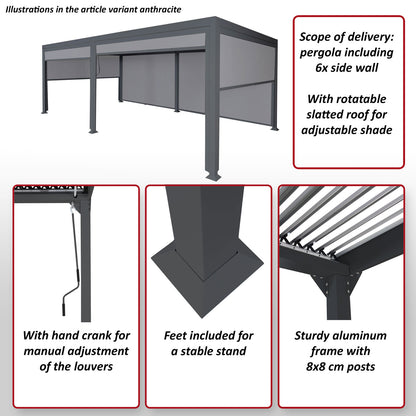 Aluminium pergola MCW-L41 met 6x zijwand, lamellenpaviljoen, stevig 8cm metalen frame 3x6m ~ wit