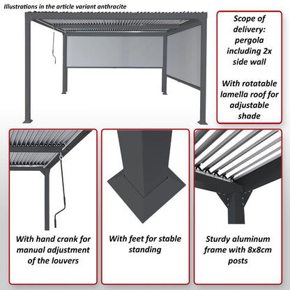 Aluminium pergola MCW-L41 met 2x zijwand, lamellenpaviljoen, stevig 8cm metalen frame 3x3,7m ~ antraciet