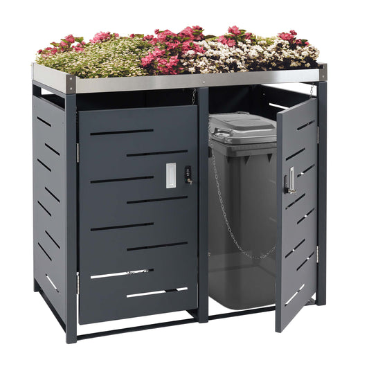 2-bins afvalbak deksel MCW-H40b, afvalbak box, plantenbak roestvrij staal-metaal combinatie 39kg 110x115x62cm uitbreidbaar