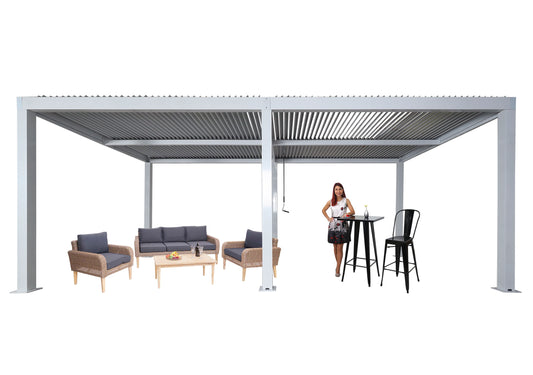 Pergola MCW-L46, tuinpaviljoen met latten, 11cm aluminium frame, stormvaste regengoot, 3x6m ~ wit
