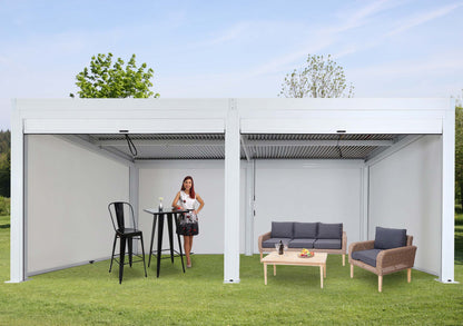 Pergola MCW-L46 met 6x zijwand, tuinpaviljoen lamellenrolgordijn, 11cm aluminium frame, stormvast 3x6m ~ wit