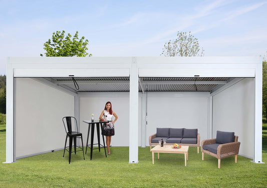 Pergola MCW-L46 met 6x zijwand, tuinpaviljoen lamellenrolgordijn, 11cm aluminium frame, stormvast 3x6m ~ wit
