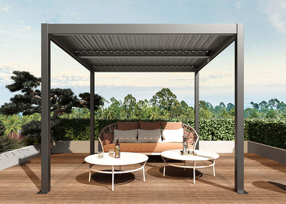 Pergola MCW-L46, tuinpaviljoen met latten, 11cm aluminium frame, stormvaste regengoot, 3x3m ~ antraciet