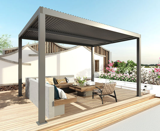 Pergola MCW-L46, tuinpaviljoen met latten, 11cm aluminium frame, stormvaste regengoot, 3x3m ~ antraciet
