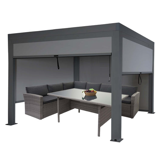 Pergola MCW-L46 met zijwand, tuinpaviljoen lamellenrolgordijn, 11cm aluminium frame, stormvast 3x3m ~ antraciet