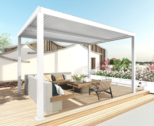 Pergola MCW-L46, tuinpaviljoen met latten, 11cm aluminium frame, stormvaste regengoot, 3x3m ~ wit