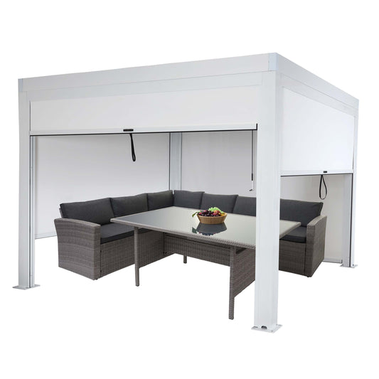 Pergola MCW-L46 met zijwand, tuinpaviljoen lamellenrolgordijn, 11cm aluminium frame, stormvast 3x3m ~ wit