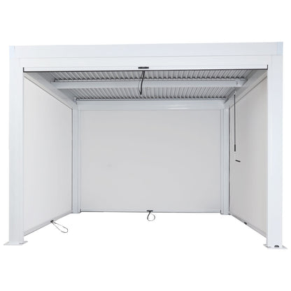 Pergola MCW-L46 met zijwand, tuinpaviljoen lamellenrolgordijn, 11cm aluminium frame, stormvast 3x3m ~ wit