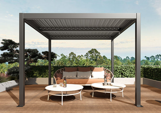 Pergola MCW-L46, tuinpaviljoen met latten, 11cm aluminium frame, stormvaste regengoot, 3x4m ~ antraciet