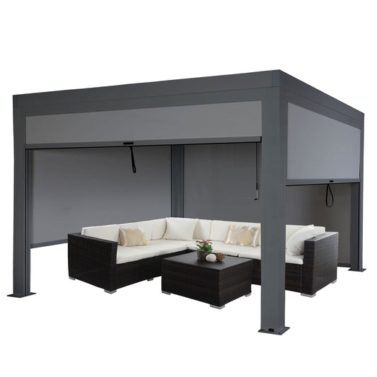 Pergola MCW-L46 met zijwand, tuinpaviljoen lamellenrolgordijn, 11cm aluminium frame, stormvast 3x4m ~ antraciet