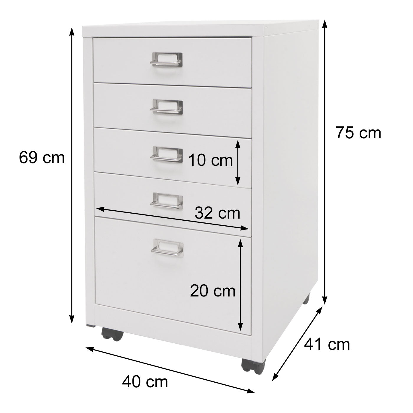 Verrijdbare ladekast MCW-L49, stalen ladekast archiefkast, metaal 75x40x41cm 5 laden ~ wit