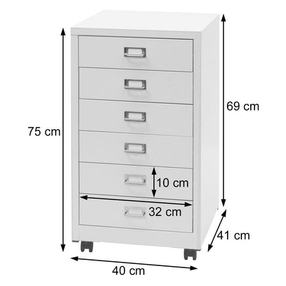 Verrijdbare ladekast MCW-L49, stalen ladekast archiefkast, metaal 75x40x41cm 6 laden ~ wit