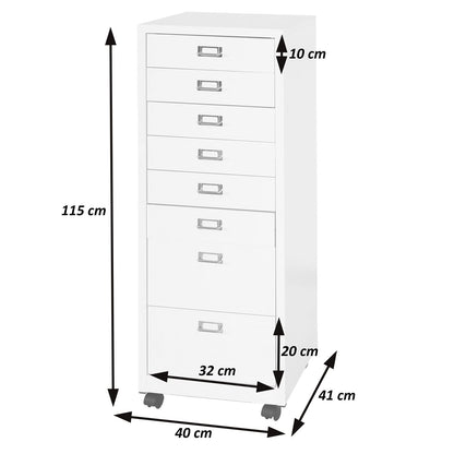Verrijdbare ladekast MCW-L49, stalen ladekast archiefkast, metaal 115x40x41cm 8 laden ~ rood