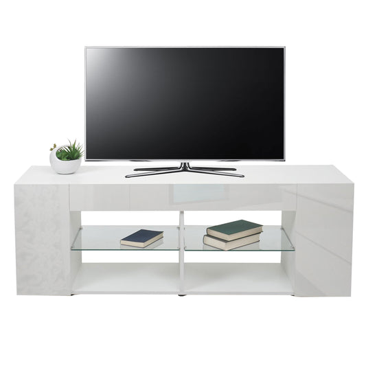 TV-rek MCW-L36, TV-standaard TV-tafel lowboard TV-kast ladekast, hout 50x144x40cm opbergvak, hoogglans wit