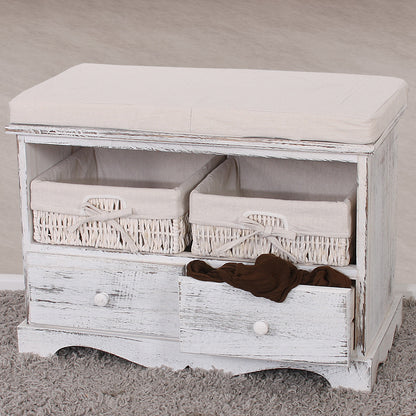 Bank ladekast met 2 manden 42x62x33cm, shabby look, vintage ~ wit