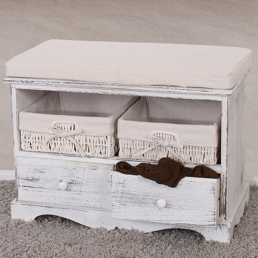Bank ladekast met 2 manden 42x62x33cm, shabby look, vintage ~ wit