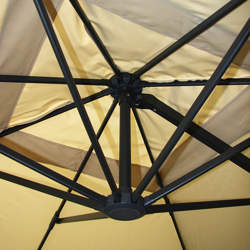 Zweefparasol MCW-A96, horeca, 3x3m (Ø4,24m) polyester aluminium/staal 23kg ~ Flap, crème met voet, draaibaar