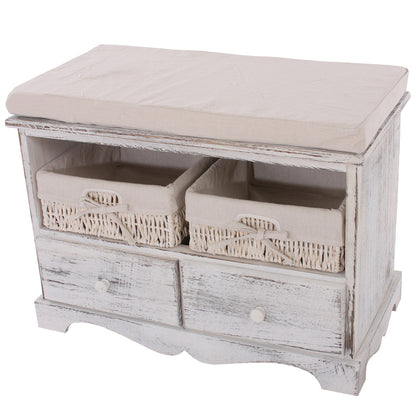 Bank ladekast met 2 manden 42x62x33cm, shabby look, vintage ~ wit