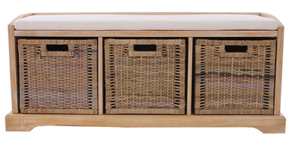 Bienne bank, opbergdoos, 3 manden, Kubu rotan vlechtwerk, 112x46x37cm ~ lichtkleurig