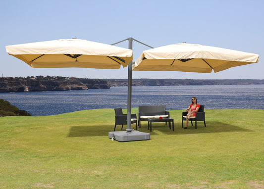 Zweefparasol T44, pergola luifel effect, 6,2x3m polyester 50kg ~ crème-beige + standaard