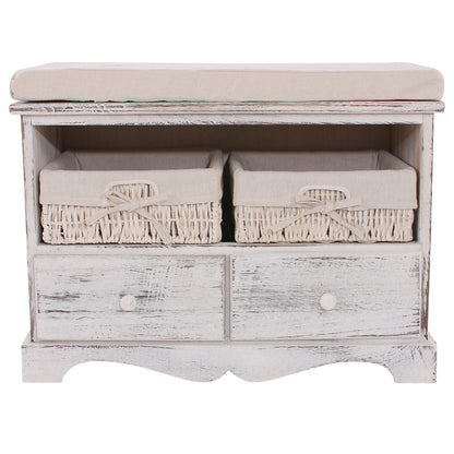 Bank ladekast met 2 manden 42x62x33cm, shabby look, vintage ~ wit